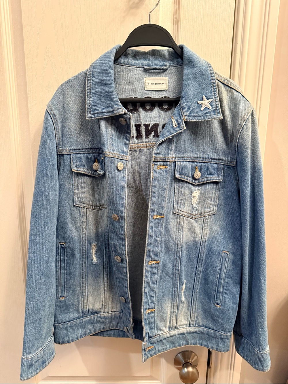 Denim Pimkie Light Blue Distressed Denim Jacket with Star Accent & back design
